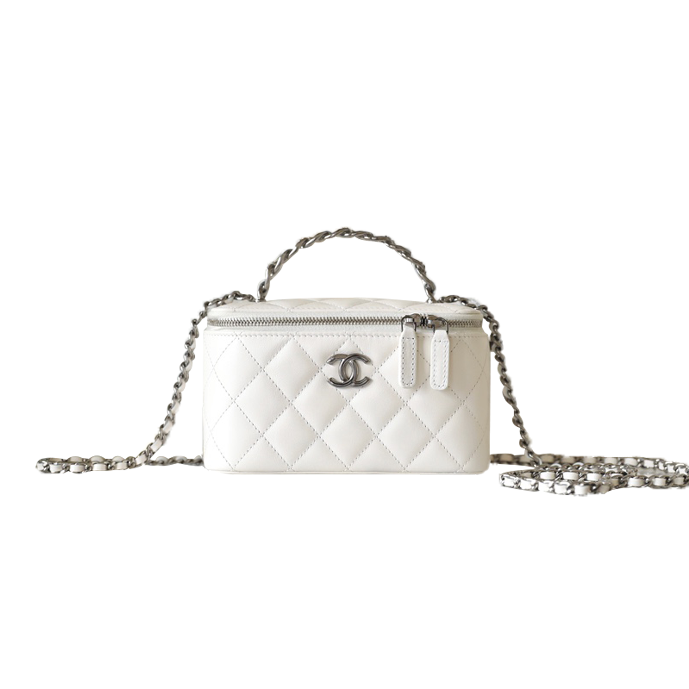 Ch*el master shiny calfskin quilted small crystal top handle vanity case with chain ​​white a96030 (17*9.5*7.8cm)